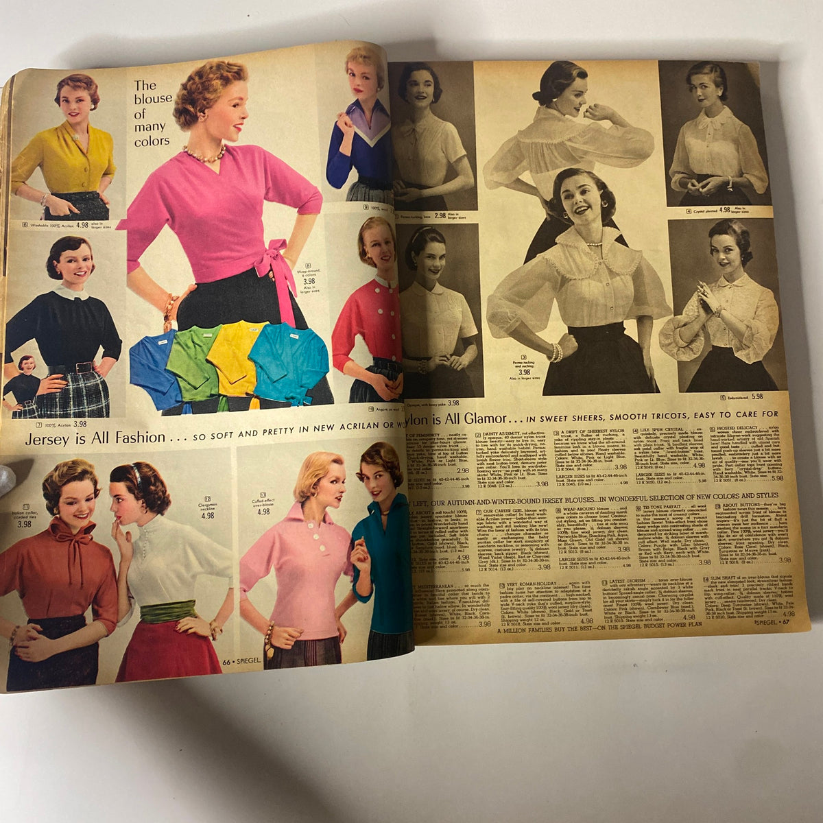 1955 Spiegel Fall and Winter Catalog presenting various women's blouses in multiple colors, displaying classic mid-century fashion styles.