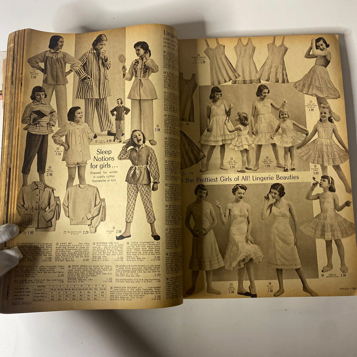 1955 Spiegel Fall and Winter Catalog illustrating sleepwear and lingerie choices for girls, showcasing vintage designs and styles.