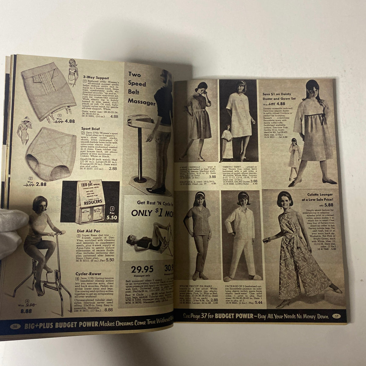 Interior pages of the 1967 Spiegel Fall Catalog presenting unique fashion items including support garments, clothing sets, and a two-speed belt massager.