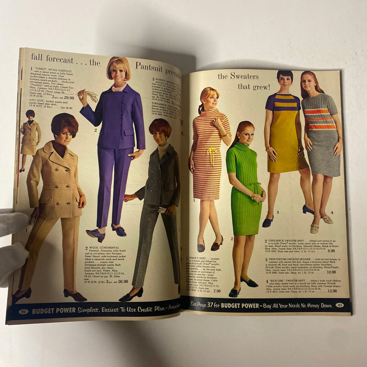 1967 Spiegel Fall Catalog featuring vibrant fall fashion styles and pantsuits for women, showcasing various outfits and color trends from the 1960s.