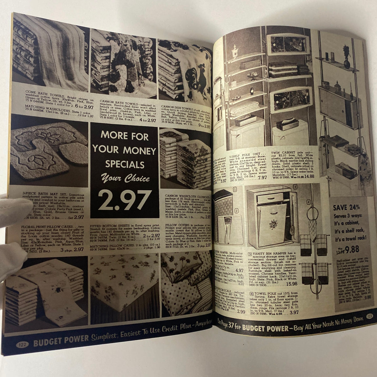 1967 Spiegel Fall Catalog displaying home essentials and special deals, highlighting fabric products like towels and decorative items available for purchase.