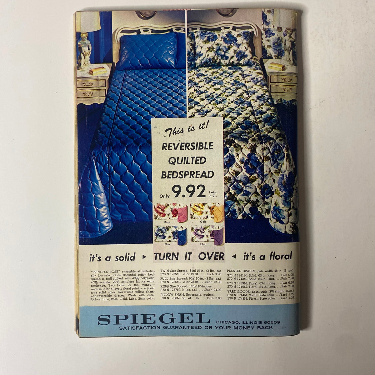 1967 Spiegel Fall Catalog advertisement for a reversible quilted bedspread showcasing its dual designs in blue and floral patterns, priced at $9.92.