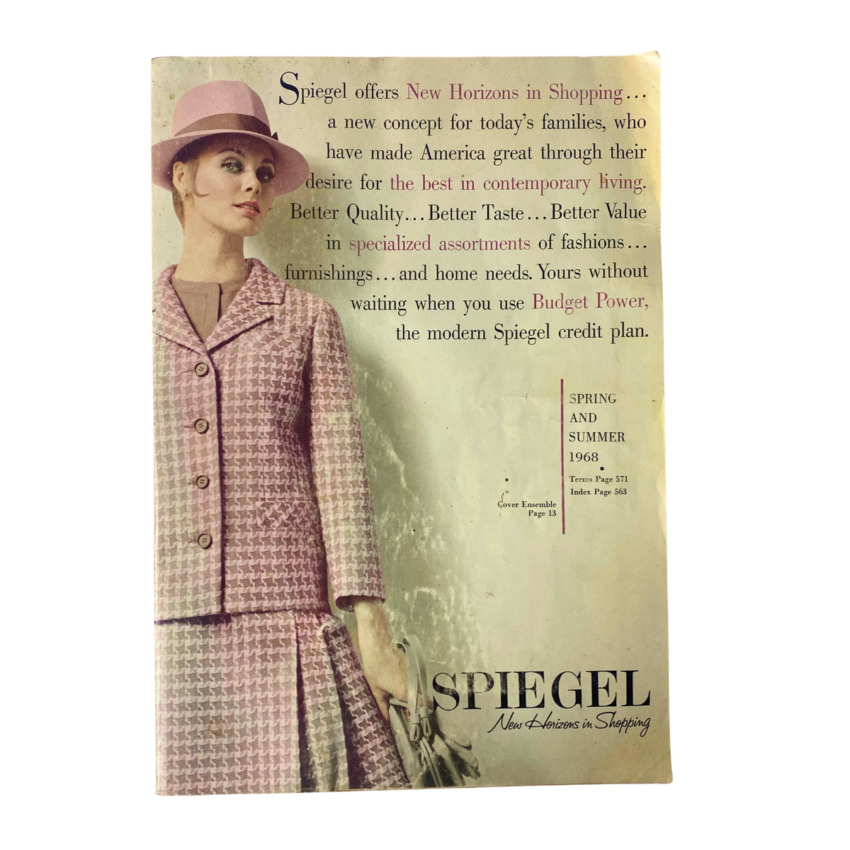 Cover of the 1968 Spiegel Spring and Summer Catalog featuring a model in a pink houndstooth suit and hat, promoting the concept of 'New Horizons in Shopping'.