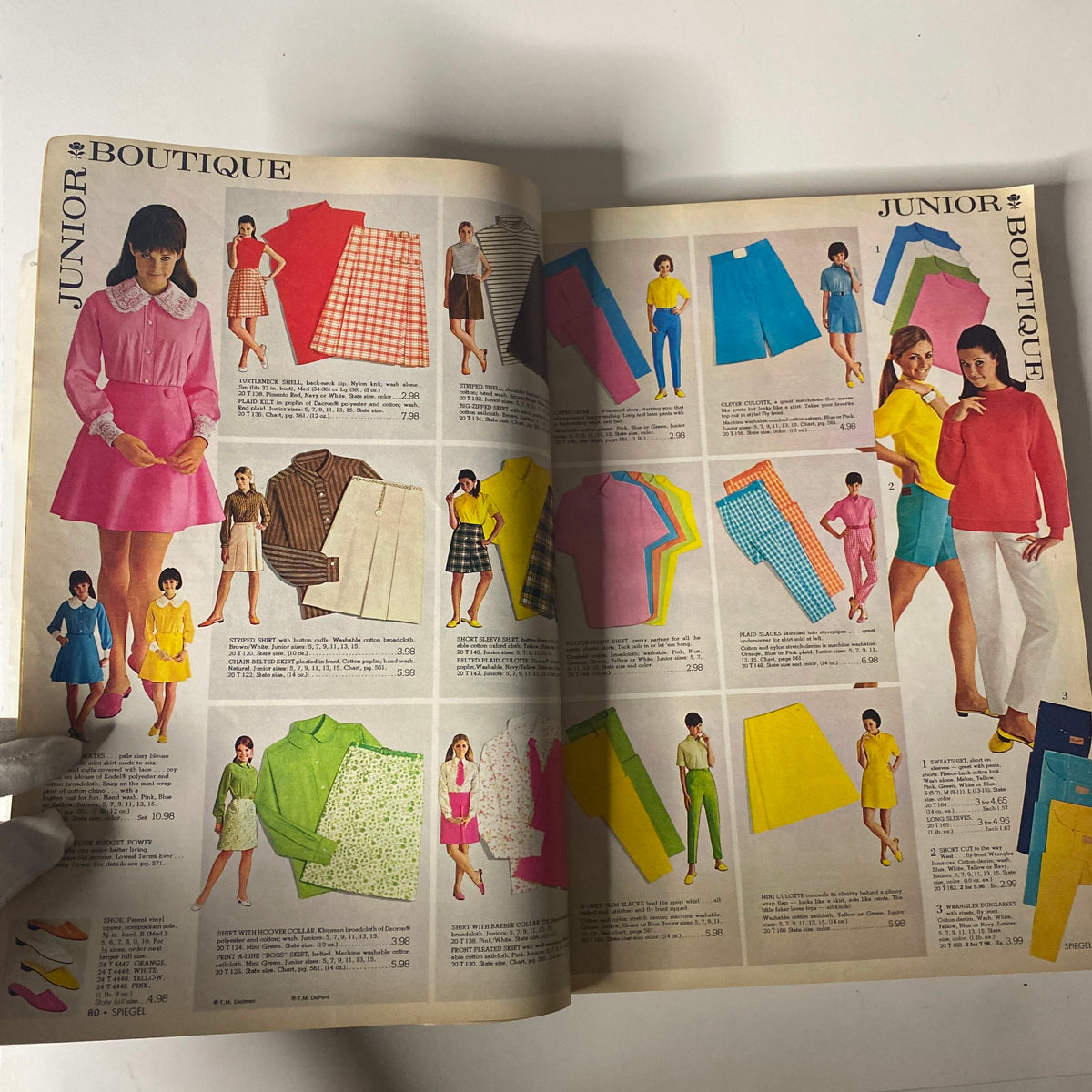 1968 Spiegel Spring and Summer Catalog featuring the Junior Boutique section with colorful and trendy outfits for young women, including dresses, blouses, and skirts.