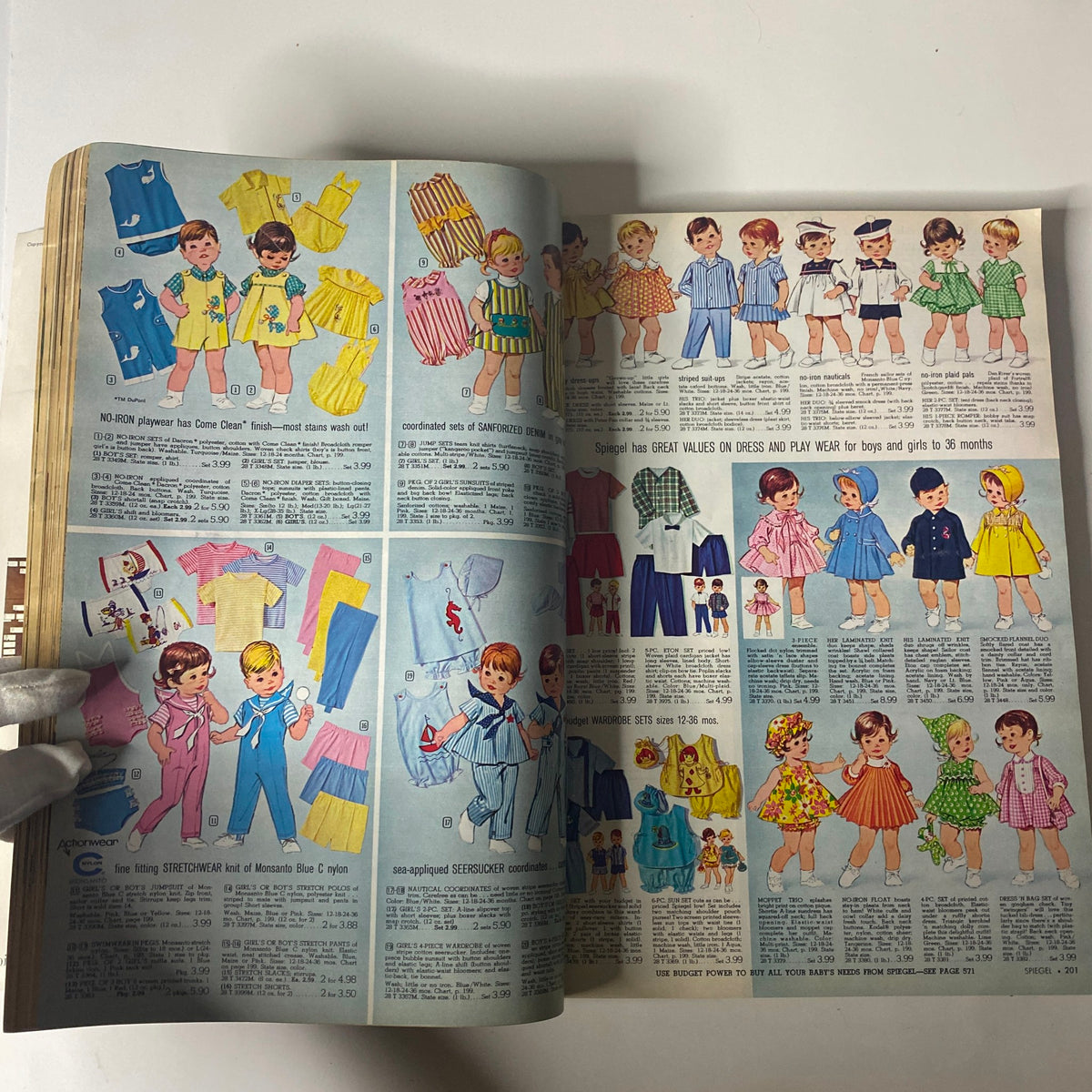 1968 Spiegel Spring and Summer Catalog displaying adorable children's clothing options, featuring playful designs for both boys and girls, emphasizing bright colors and fun patterns.