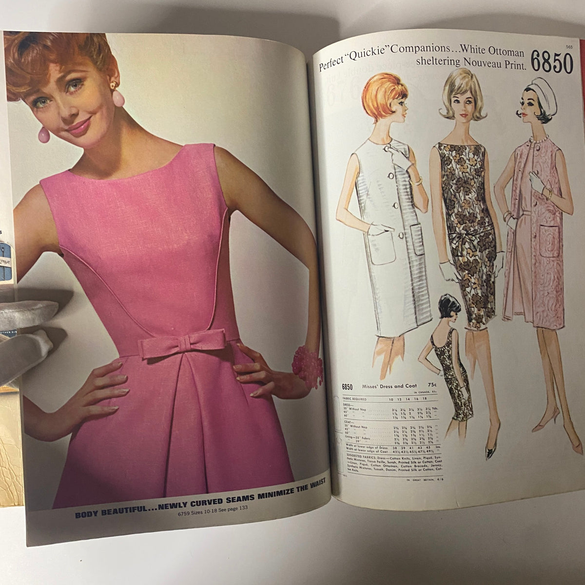 1963 July McCall's Summerwear Catalog featuring a vibrant pink dress worn by a smiling model, exemplifying 1960s fashion trends with illustrations of coordinated outfits.