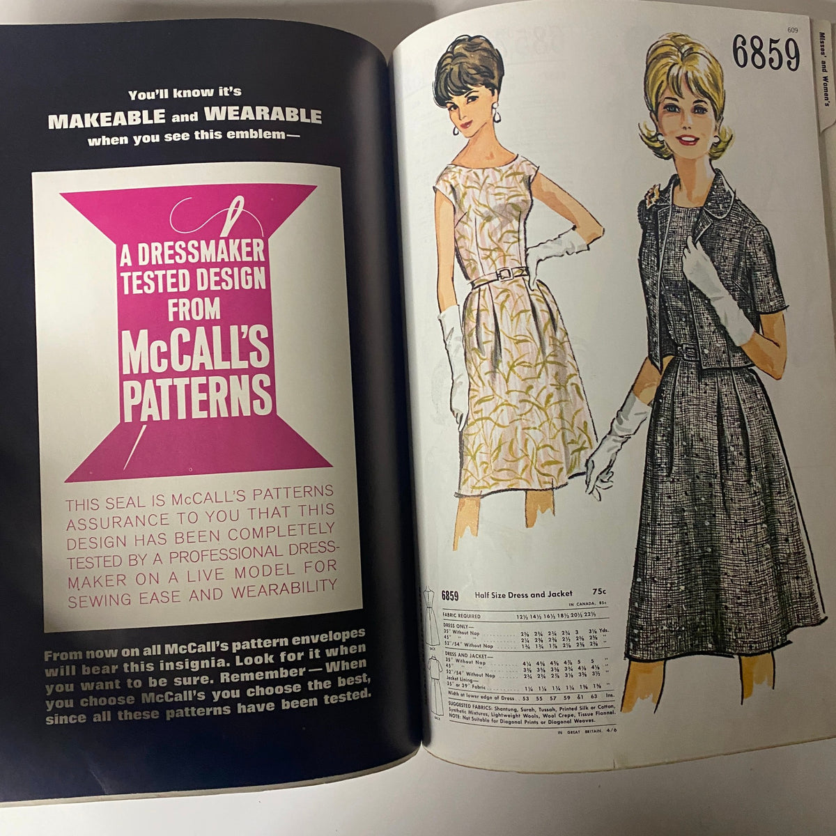 1963 July McCall's Summerwear Catalog displaying a dressmaker's seal of approval alongside elegant summer dress designs, emphasizing the practicality and trendiness of 1960s patterns.