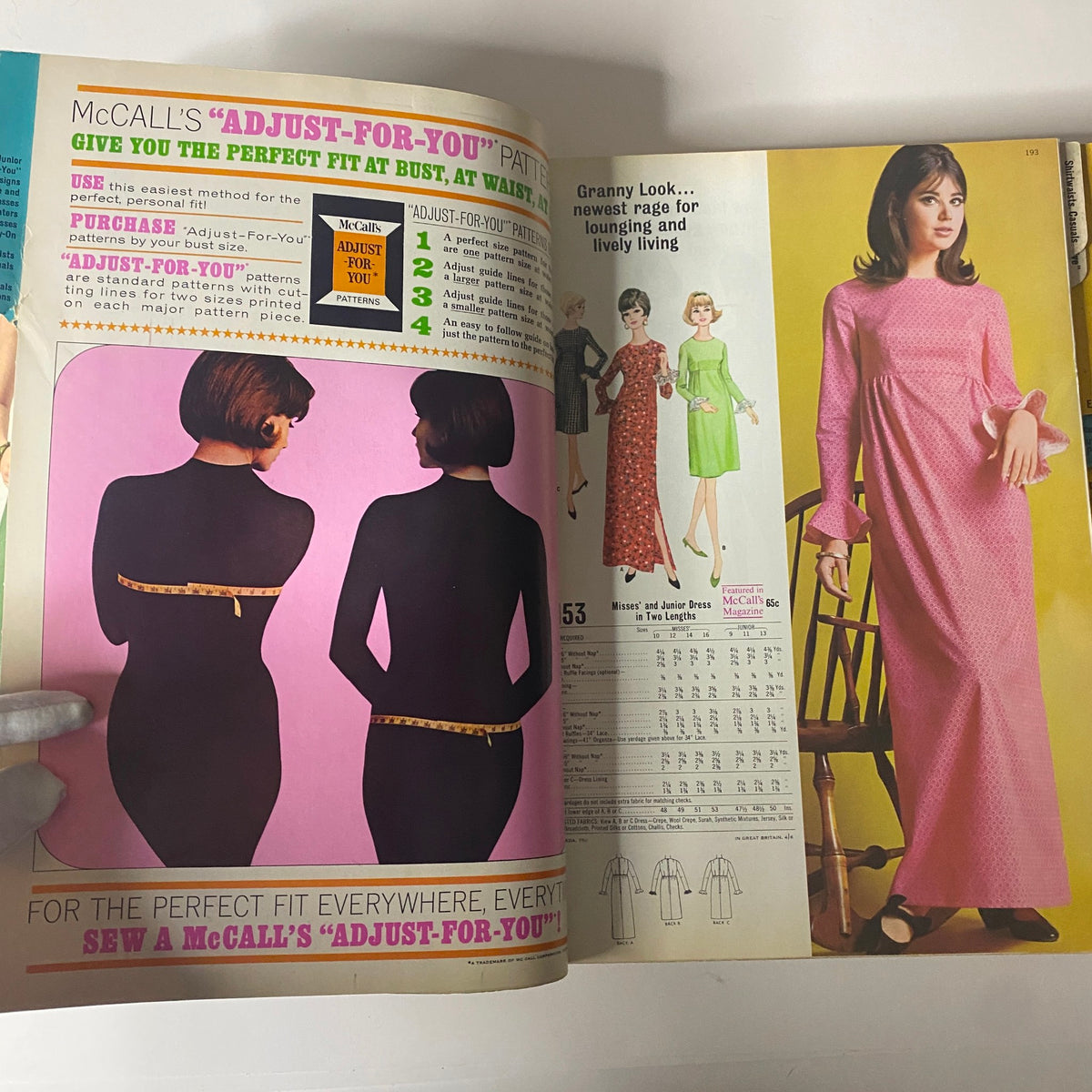 Interior layout from the 1966 February McCall's Designers' Collection Catalog presenting 'Adjust-For-You' patterns alongside models showing various dress styles for the Granny Look.