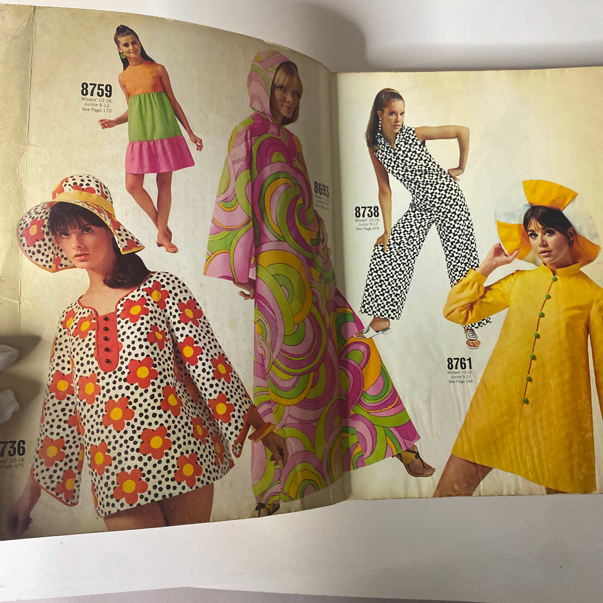 Colorful fashion images from the 1967 May McCall's New York Designers' Collection Plus catalog, featuring 1960s styles and chic sewing patterns.