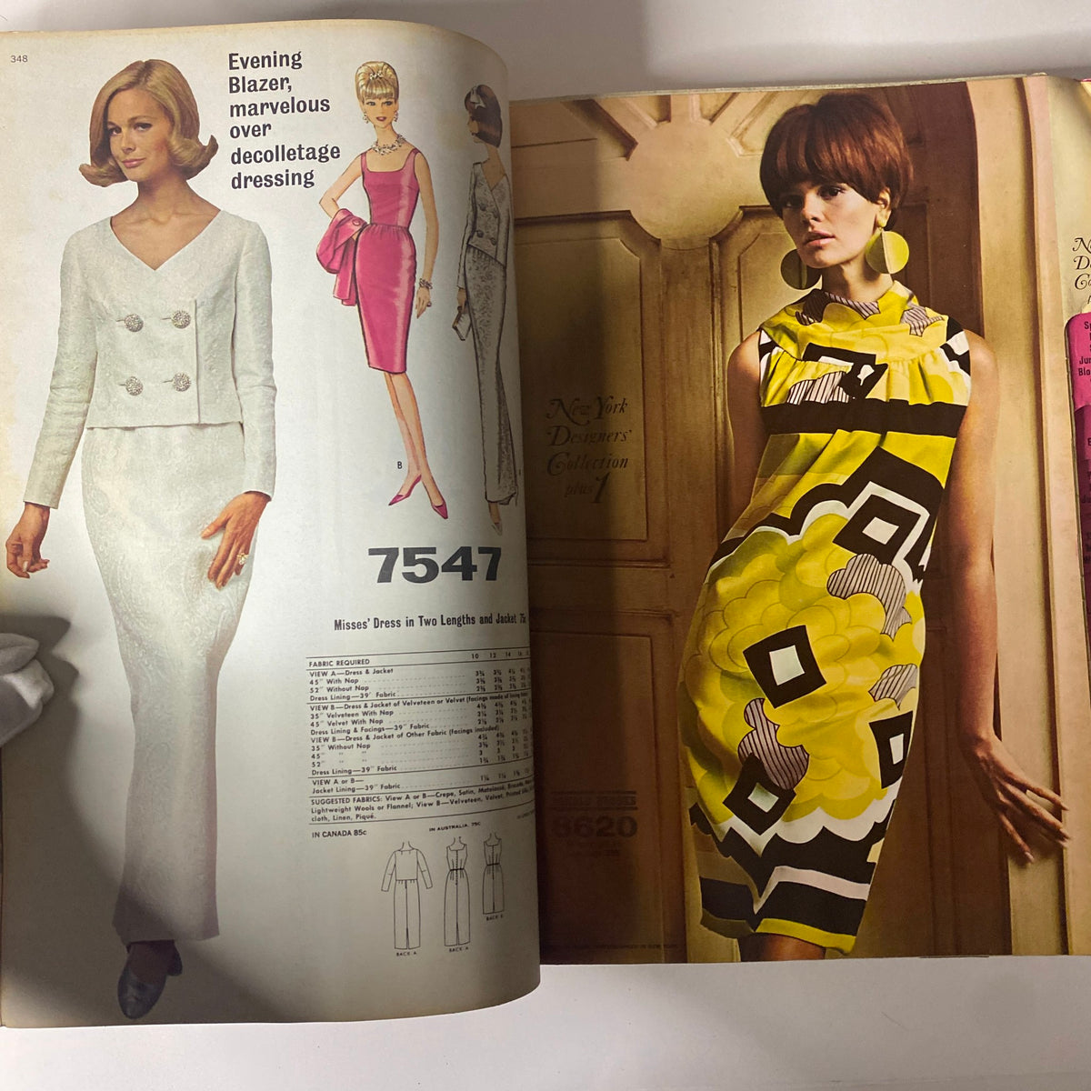 1967 May McCall's New York Designers' Collection Plus catalog featuring elegant evening wear with a model showcasing a white evening blazer and a pink dress. Ideal for vintage fashion enthusiasts and pattern collectors.