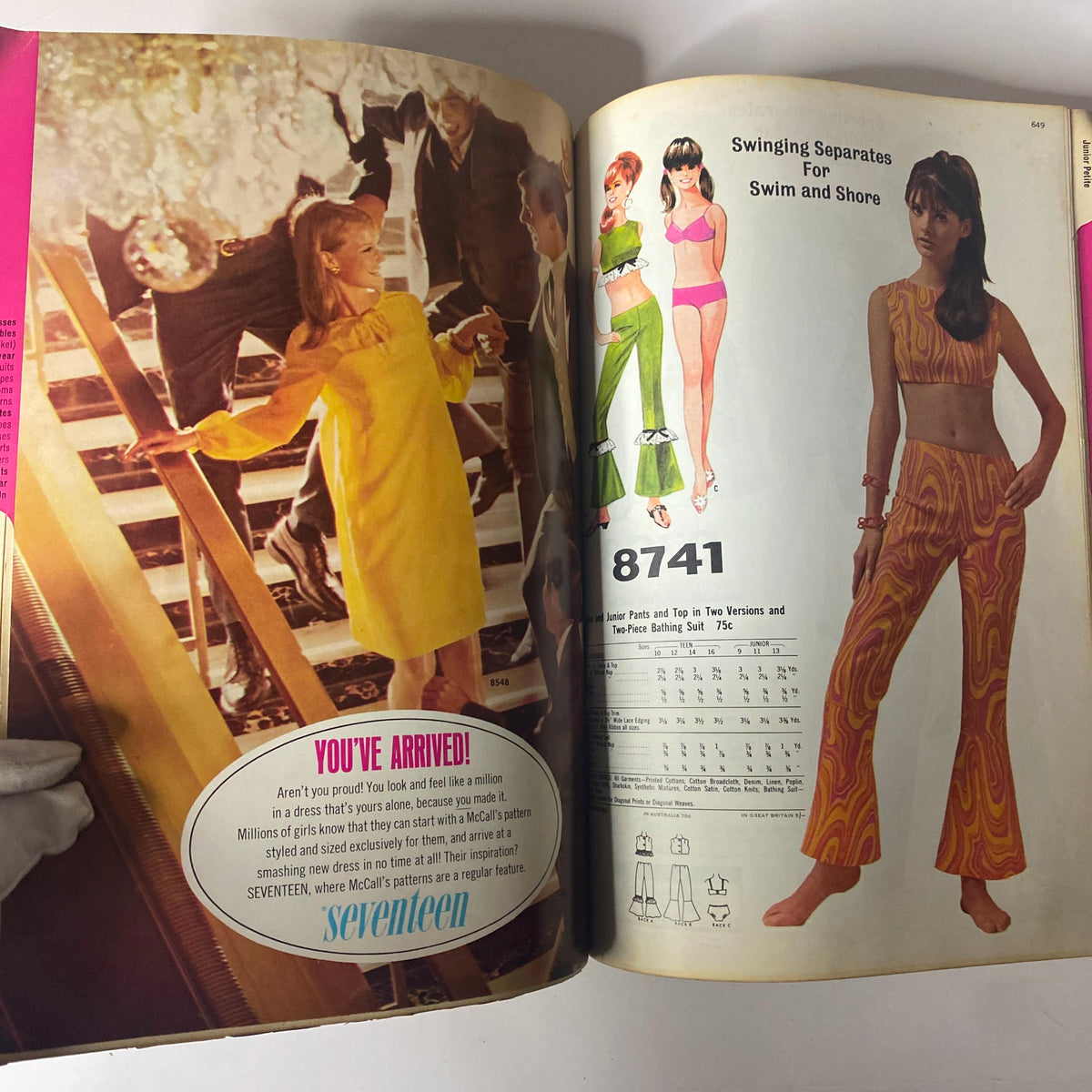 1967 May McCall's New York Designers' Collection Plus catalog highlighting swimwear and casual separates. A vibrant yellow dress alongside colorful swim options, great for vintage fashion lovers.