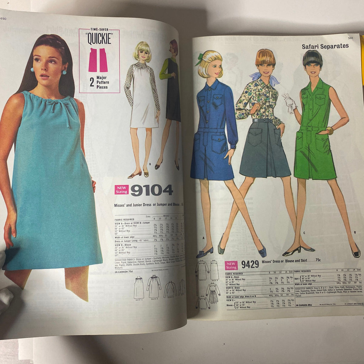 Fashion spread from the 1968 November McCall's Holiday Wear Catalog displaying stylish Misses' and Junior dresses, featuring two major pattern pieces for easy sewing.