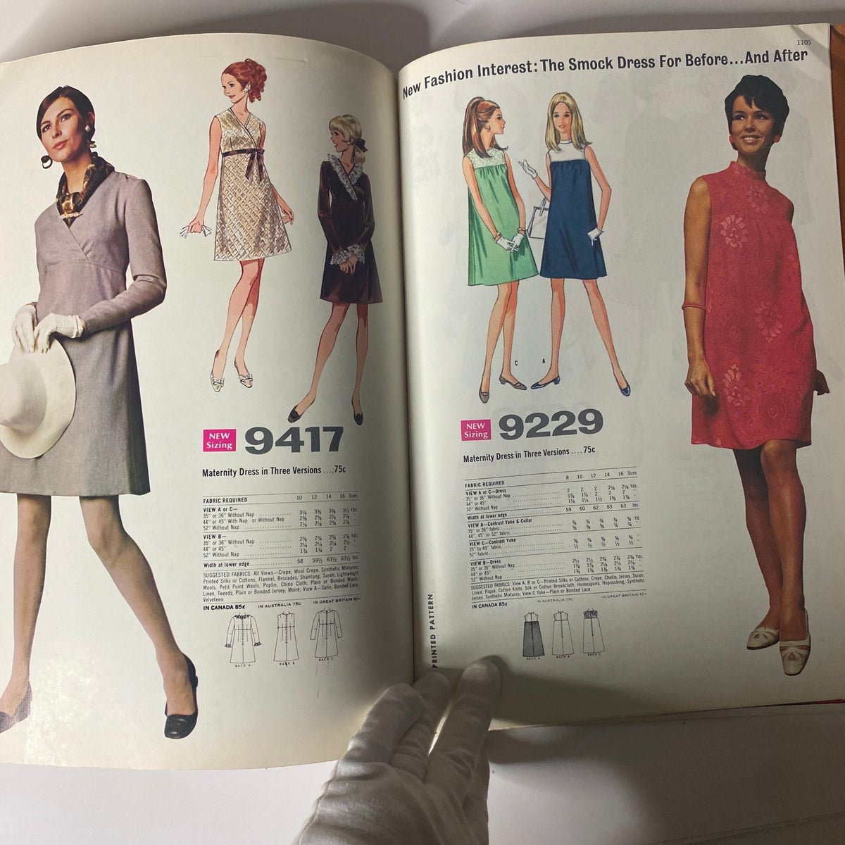 1968 November McCall's Holiday Wear Catalog displaying maternity dress styles and elegant smock dresses, capturing 1960s holiday fashion trends.