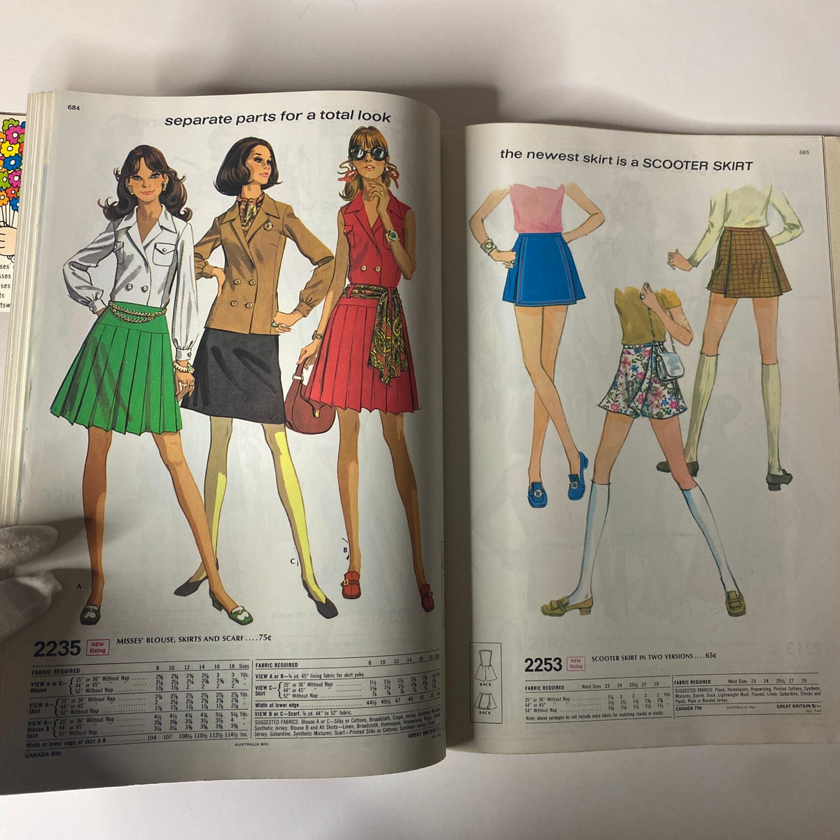 1970 McCall's School Spring Catalog showcasing vibrant sewing patterns for skirts, blouses, and dresses, featuring stylish illustrations of young women in fashionable outfits.