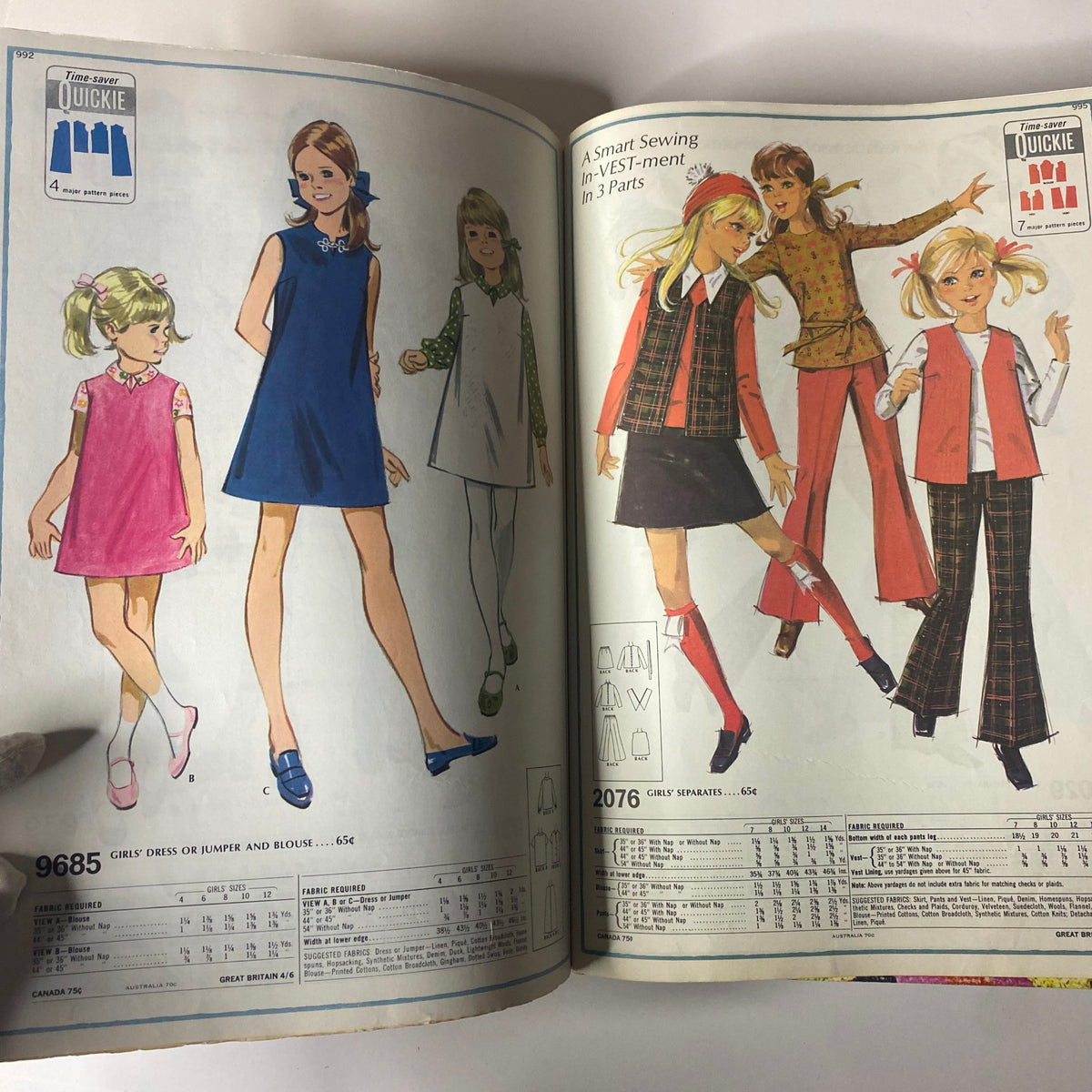 1969 McCall's School Fall catalog illustration featuring young girls in stylish dresses, showcasing sewing patterns for trendy fall outfits, including designs for dresses and separates.