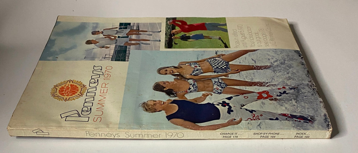 Side view of the 1970 JC Penneys Summer Catalog showcasing models in swimwear and leisure attire against a beach backdrop, highlighting summer fashion trends of the era.