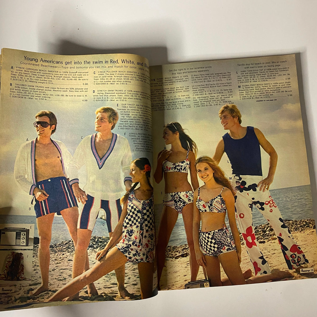 1970 JC Penneys Summer Store Catalog featuring men and women in colorful swimwear at the beach, representing iconic summer styles of the 1970s.