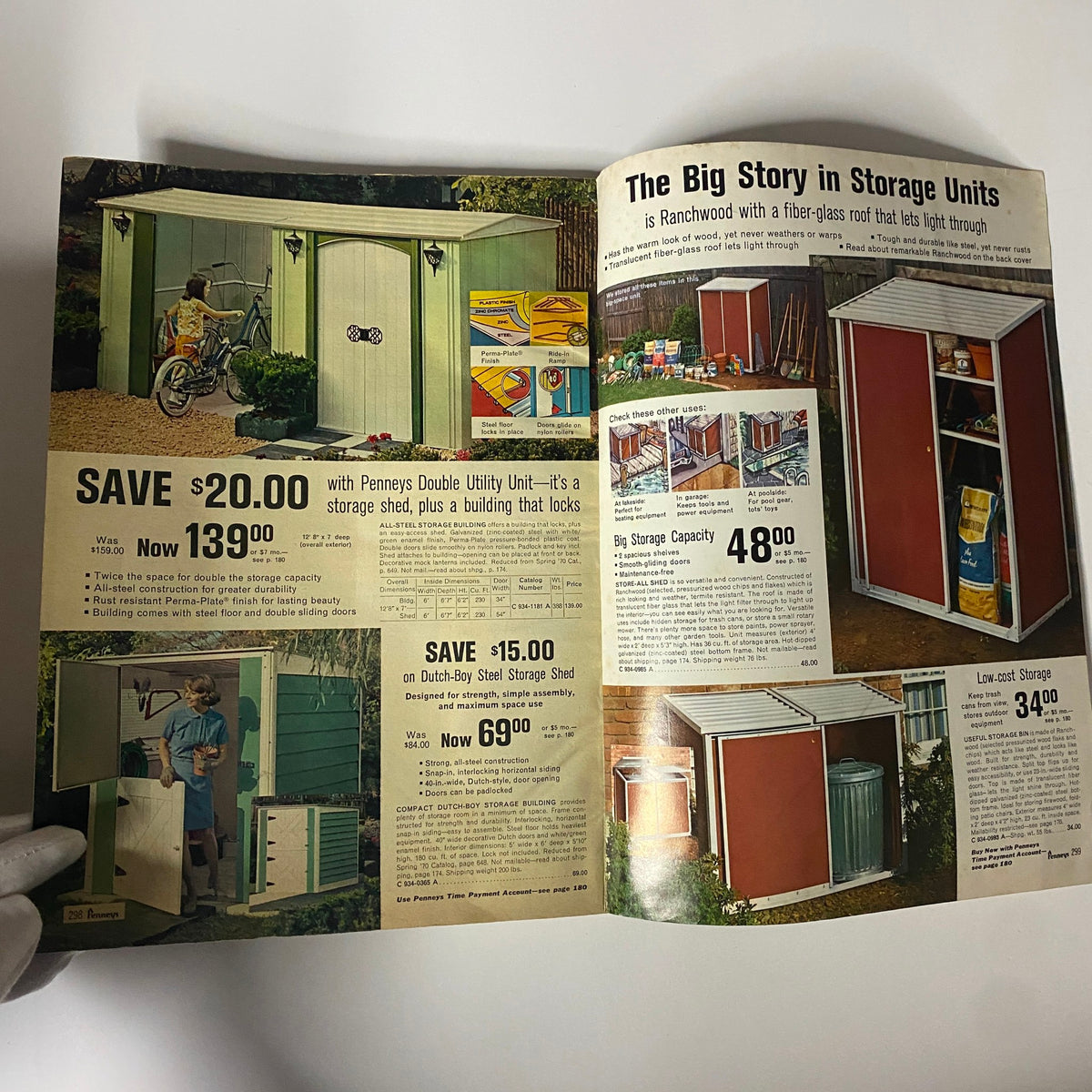 1970 JC Penneys Summer Store Catalog page detailing storage solutions, featuring utility and storage sheds with pricing information for outdoor organization.