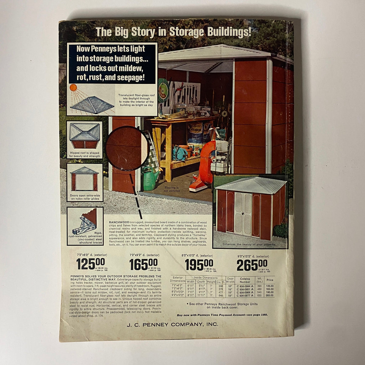 1970 JC Penneys Summer Store Catalog showcasing outdoor storage buildings. The image features a colorful advertisement with highlighted benefits of a translucent fiberglass roof design, demonstrating insulation against mildew, rot, rust, and seepage. Several storage building models are detailed with pricing, dimensions, and design features, set against a backdrop of organized garden tools.