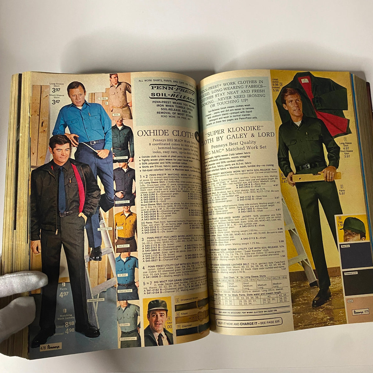 1970 JC Penneys Spring and Summer Store Catalog displaying men's work clothing options, featuring durable fabrics and stylish designs suitable for various occupations.