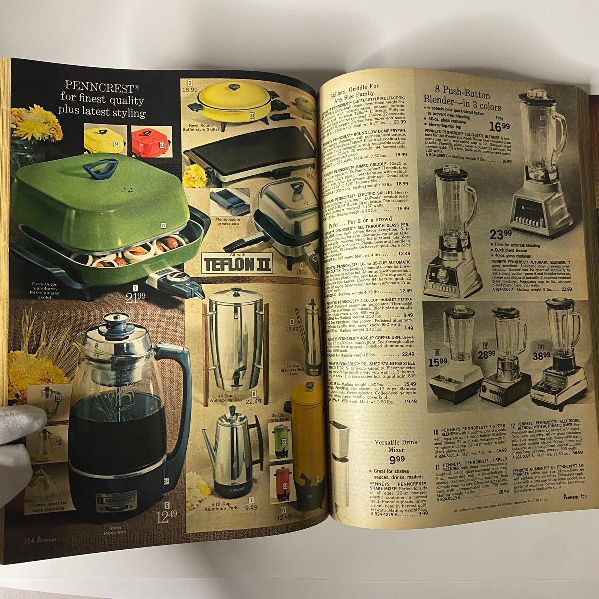 1970 JC Penneys Spring and Summer Store Catalog displaying kitchen appliances and cookware, including Teflon pans and blenders, ideal for modern cooking needs.