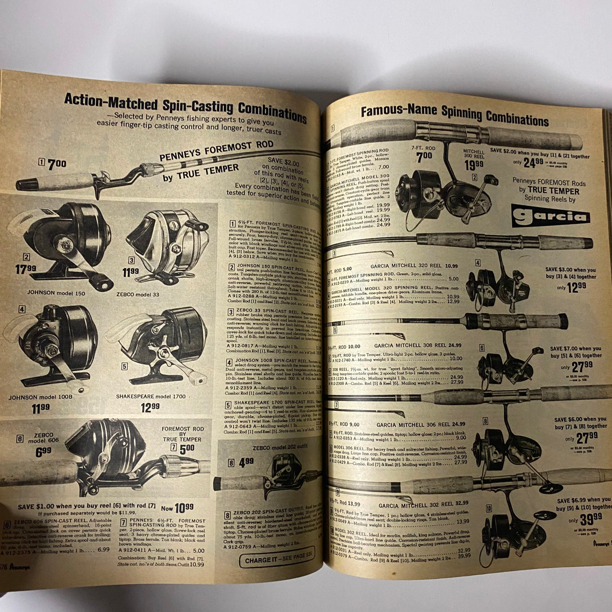1970 JC Penneys Spring and Summer Store Catalog page featuring action-matched spin-casting combinations with detailed pricing and product images, highlighting fishing rods and reels.