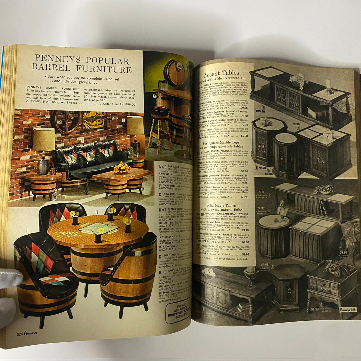 1970 JC Penneys Spring and Summer Store Catalog page showcasing Penney's popular barrel furniture collection, including living room sets and accent tables, with descriptions and prices.