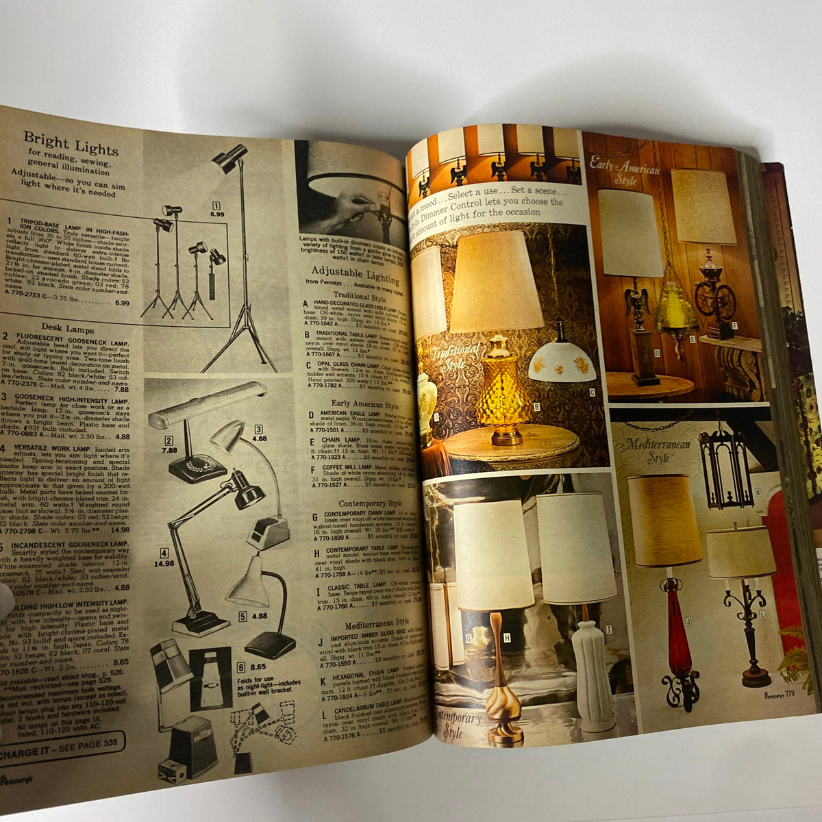 1970 JC Penneys Spring and Summer Store Catalog page illustrating various lighting options, including lamps and adjustable lighting with pricing information.