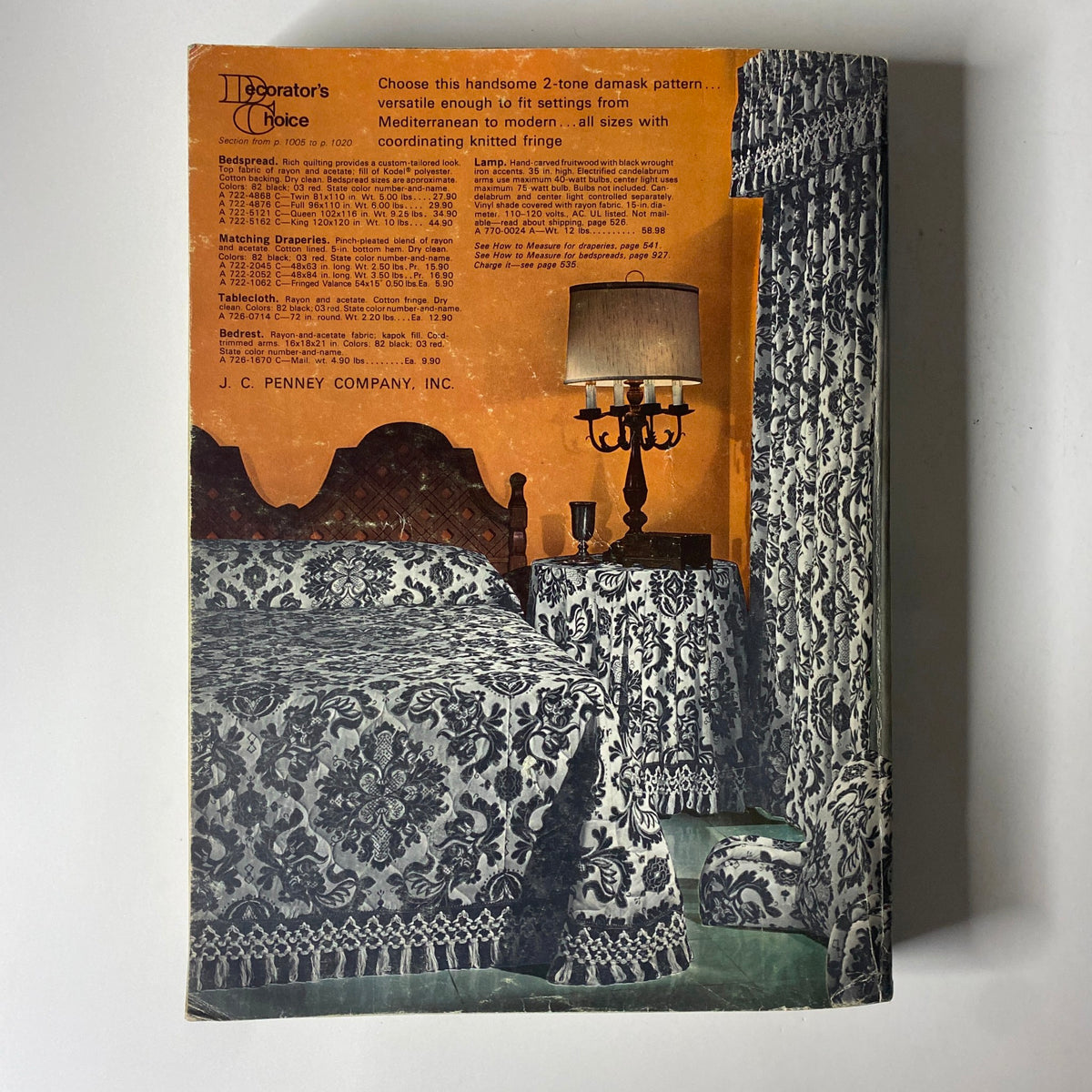 Back cover of the 1970 JC Penneys Spring and Summer Store Catalog, featuring a two-tone damask bedding set and coordinating home decor, with product descriptions.