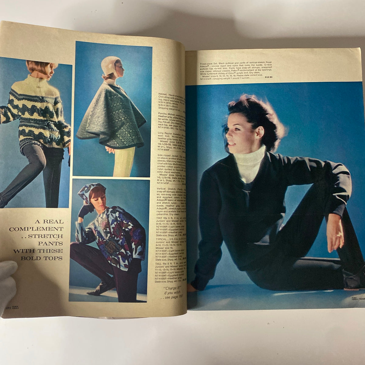 Inside spread of the 1970 Sears Fall and Winter Catalog featuring models showcasing vibrant winter apparel, illustrating bold fashion choices from the early 1970s.