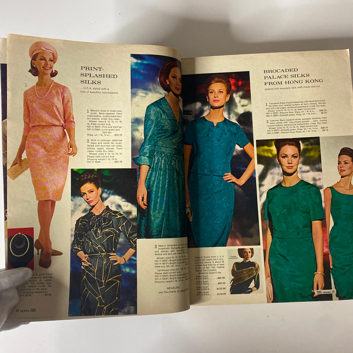 Inside pages of the 1970 Sears Fall and Winter Catalog depicting models in striking silk outfits, emphasizing luxurious fabrics and vintage style.