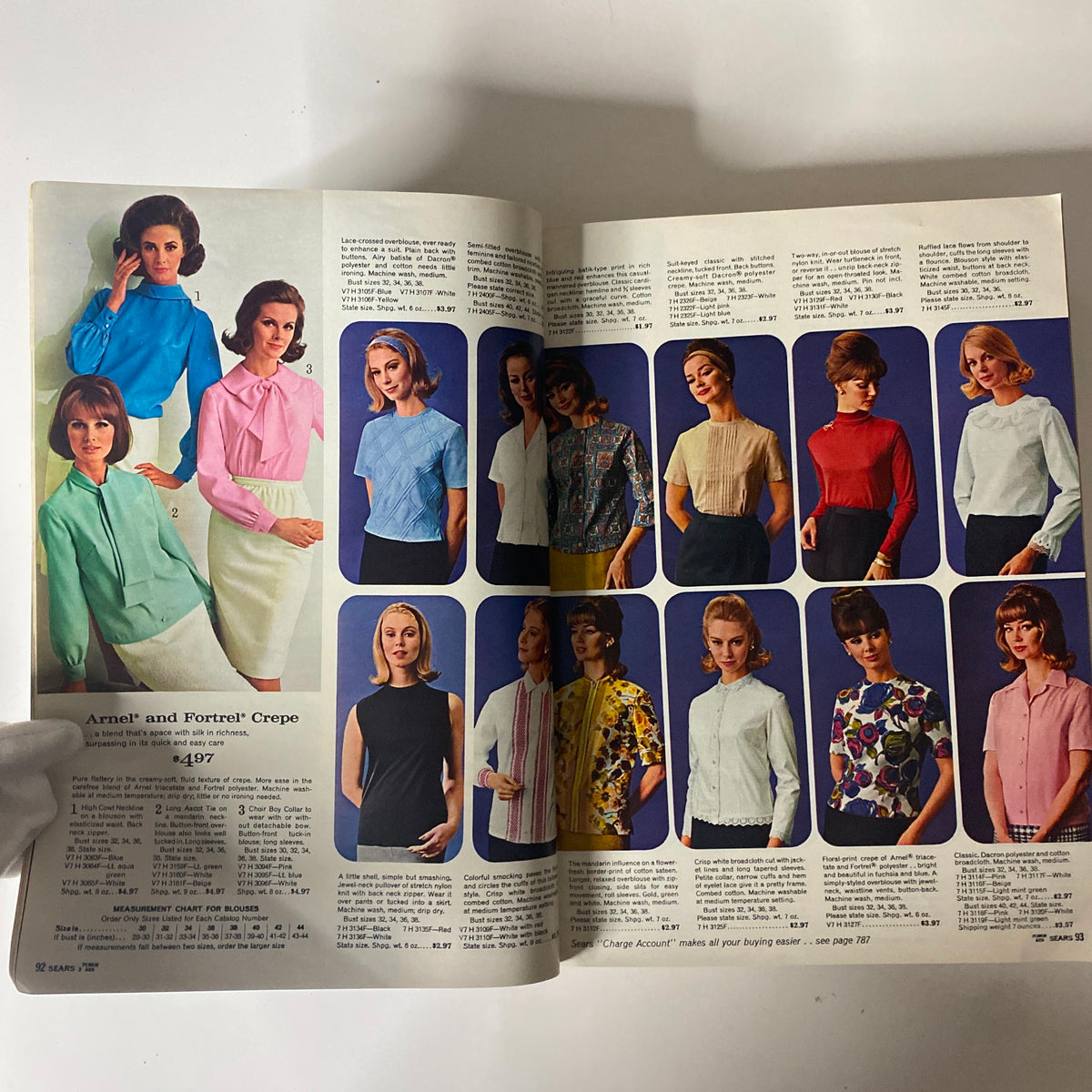 1970 Sears Fall and Winter Catalog showcasing a variety of women's blouses and tops featuring models dressed in colorful styles.