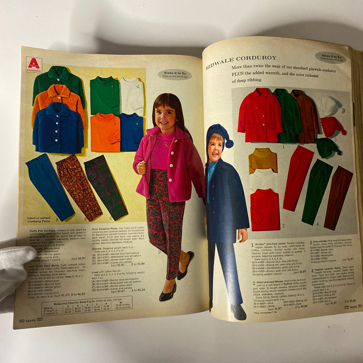 1970 Sears Fall and Winter Catalog with images of midwale corduroy outfits for girls, showcasing colorful clothing options for children.