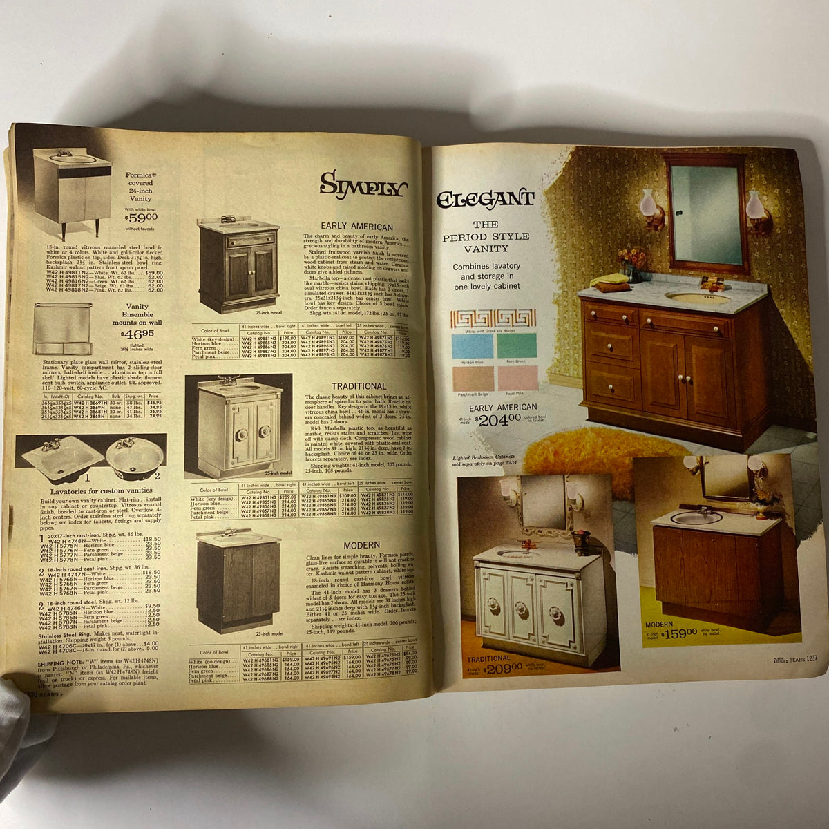 1970 Sears Fall and Winter Catalog featuring elegant bathroom vanities, showing different styles and pricing options for home interiors.