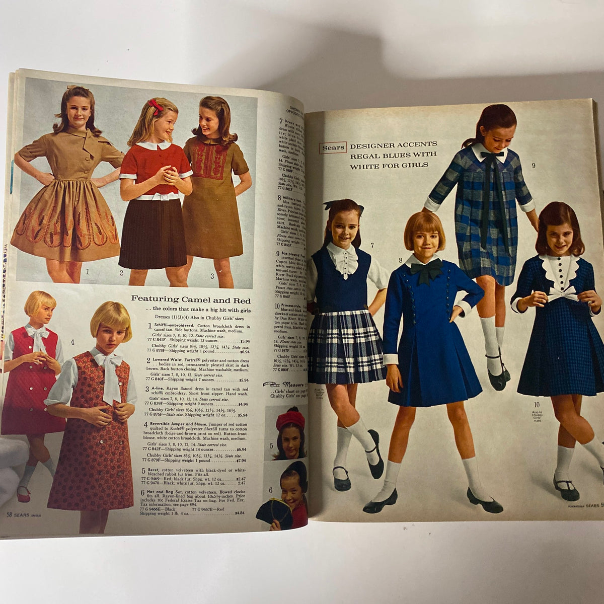 1965 Sears Fall and Winter Catalog featuring stylish dresses for girls, highlighting camel and red colors, showcasing contemporary trends.