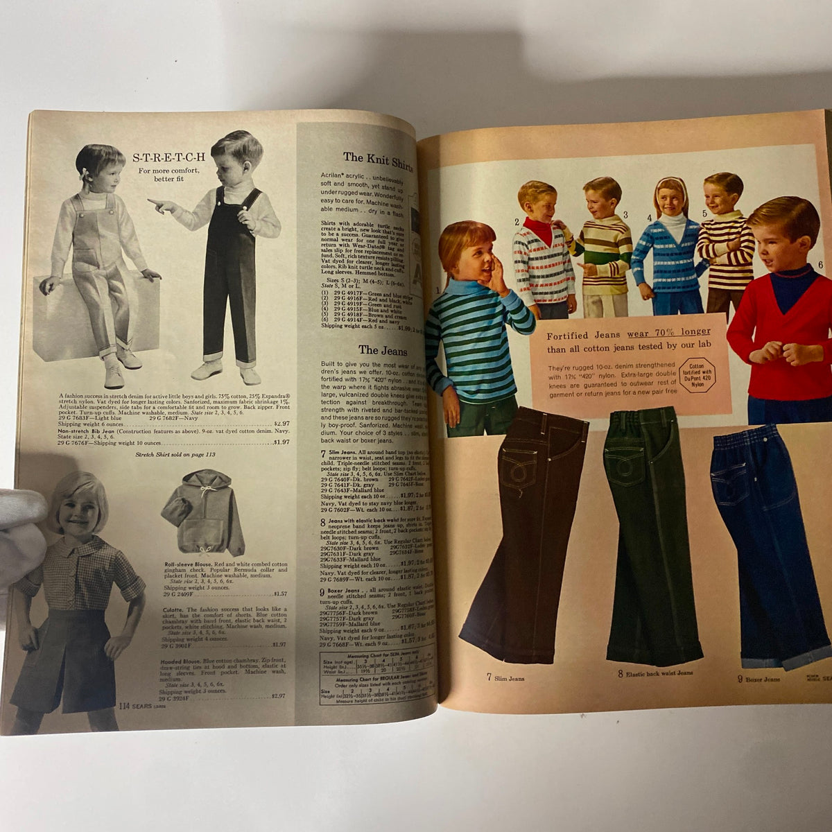 1965 Sears Fall and Winter Catalog displaying children's casual clothing including knit shirts and jeans, emphasizing comfortable styles for boys.