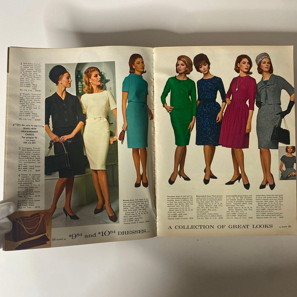 1965 Sears Fall and Winter Catalog showcasing a collection of dresses for women, featuring styles including two-piece dresses, elegant colors, and classic designs.