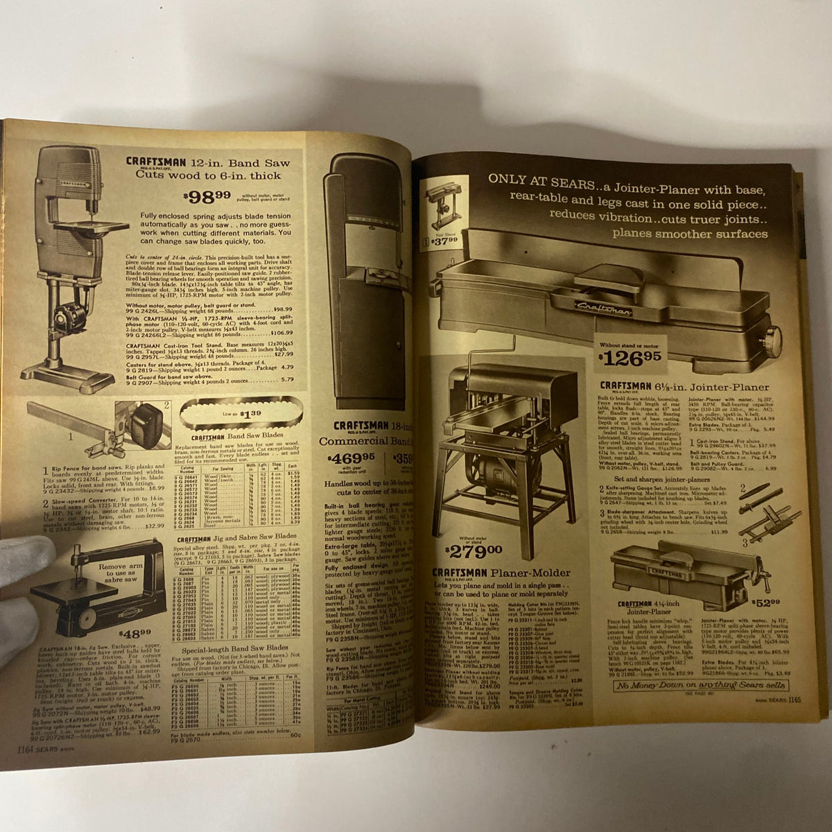Page from the 1965 Sears Fall and Winter Catalog showcasing Craftsman power tools including a band saw, planer, and jointer-planer with detailed specifications and prices.