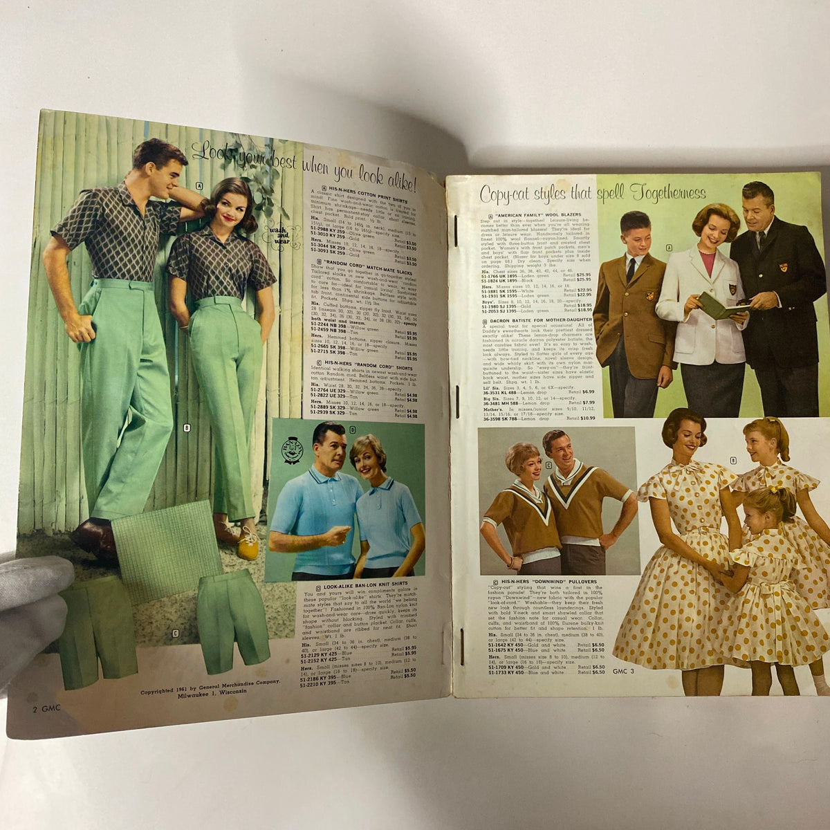 1961 General Merchandise Company Spring and Summer Catalog showing men's and women's fashion styles including casual and coordinated outfits, with product descriptions and prices.