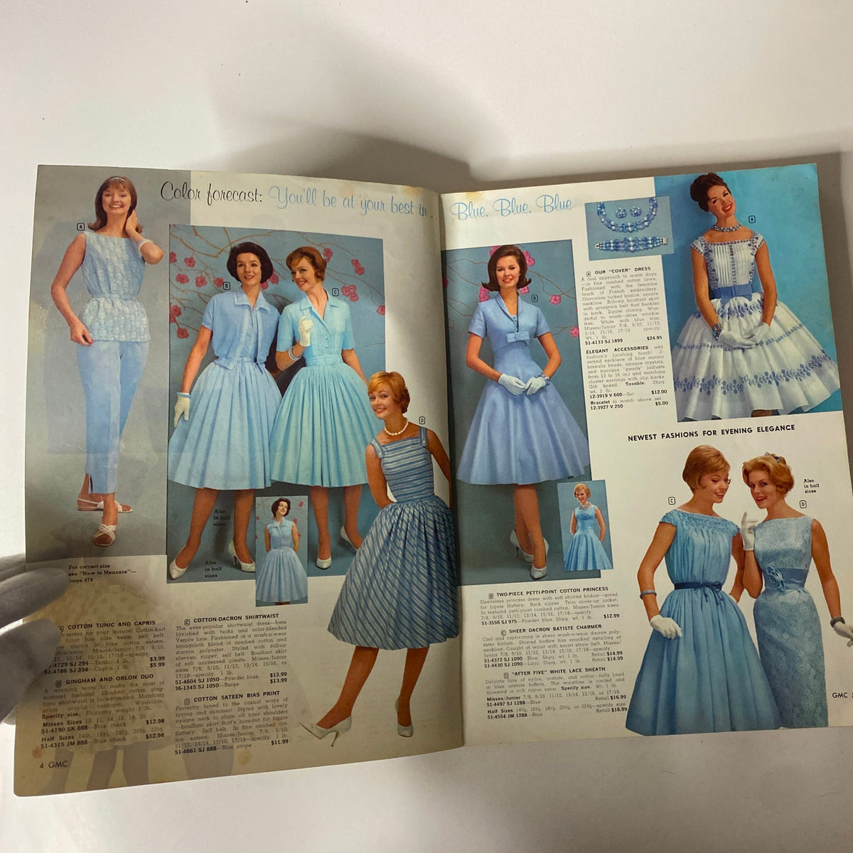 1961 General Merchandise Company Spring and Summer Catalog displaying women's clothing in shades of blue, featuring elegant dresses and fashion accessories with pricing details.