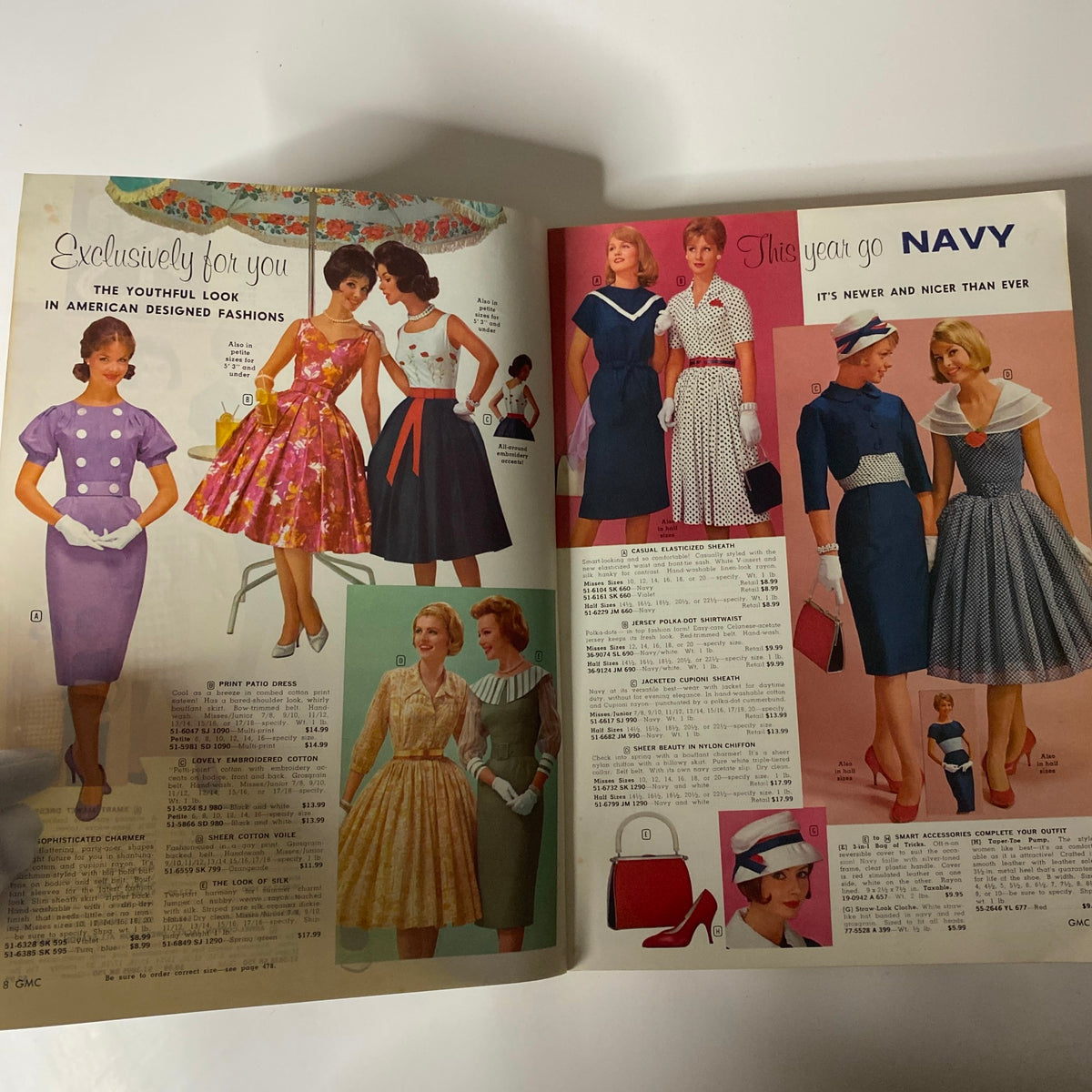 1961 General Merchandise Company Spring and Summer Catalog showcasing youthful American-designed fashions, including dresses with colorful patterns and matching accessories.