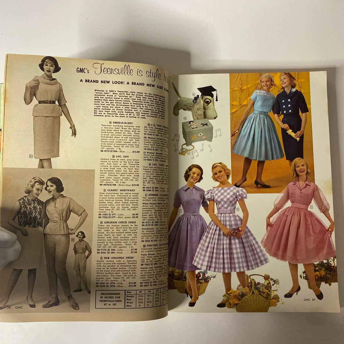 1961 General Merchandise Company Spring and Summer Catalog depicting a range of clothing styles for women and teens, with detailed descriptions and prices for vintage dresses.
