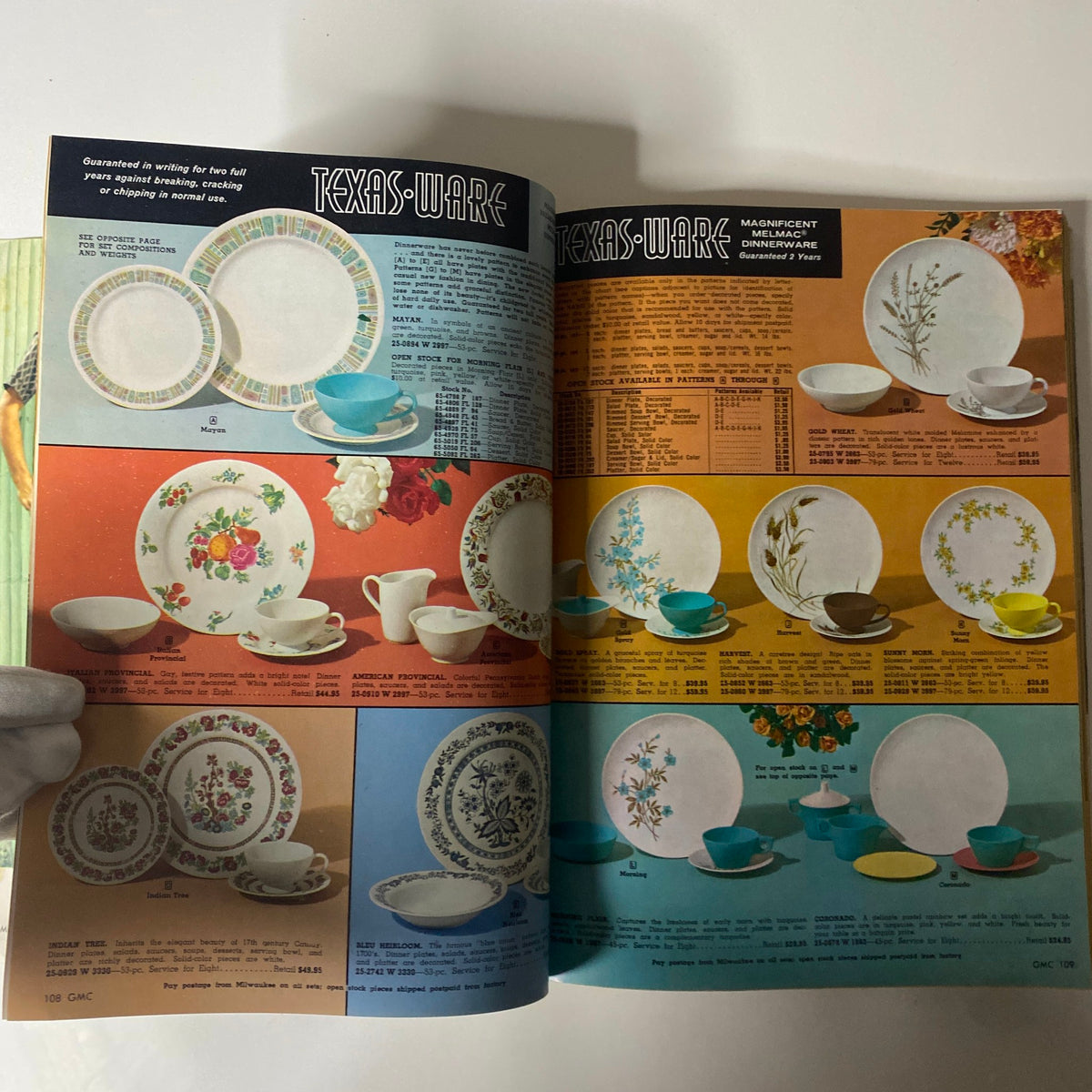 Colorful dinnerware selections displayed in the 1961 General Merchandise Company Spring and Summer Catalog, featuring various patterns and types by Texas-Ware.