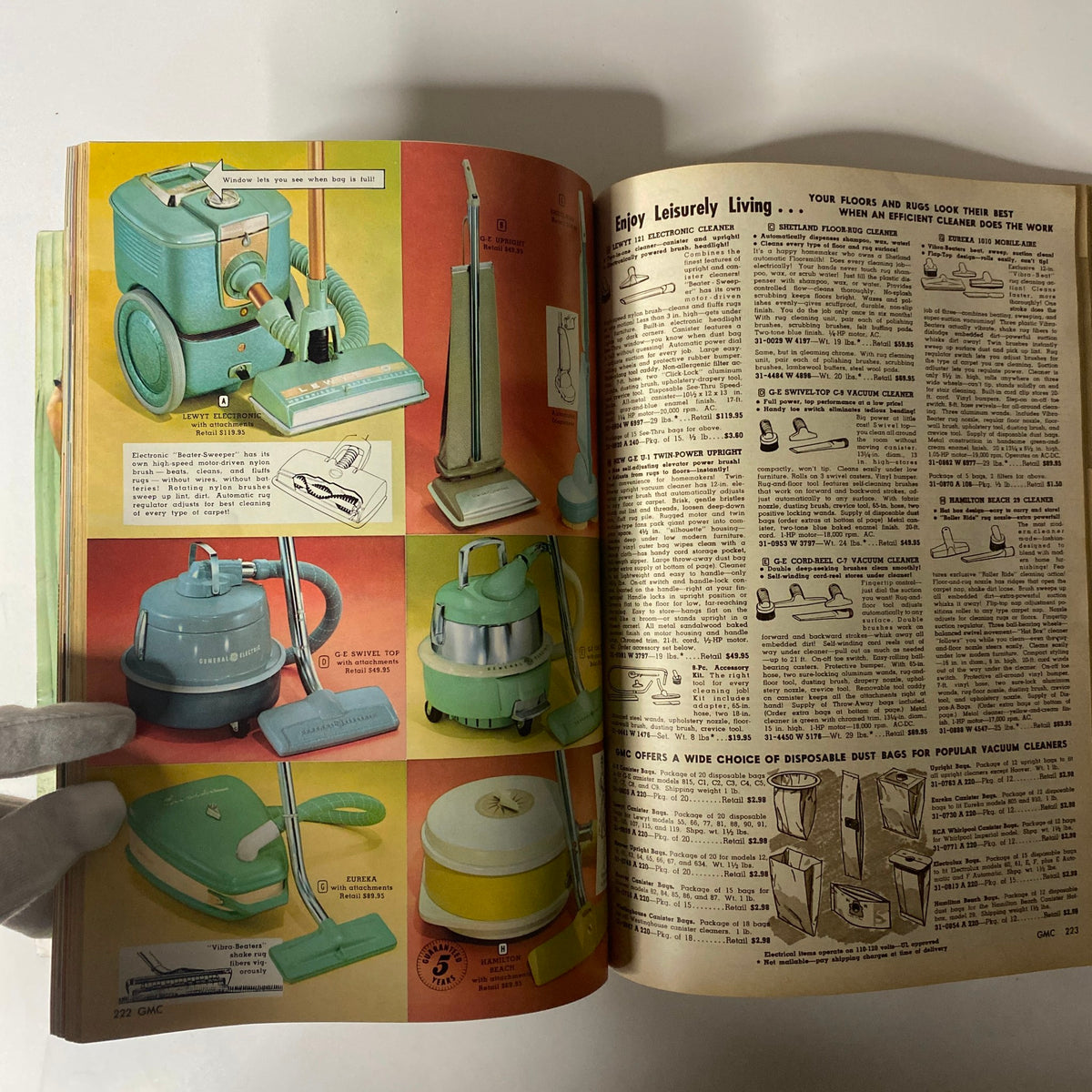 Vacuum cleaner models and their descriptions from the 1961 General Merchandise Company Spring and Summer Catalog, highlighting household electronics for efficient cleaning.