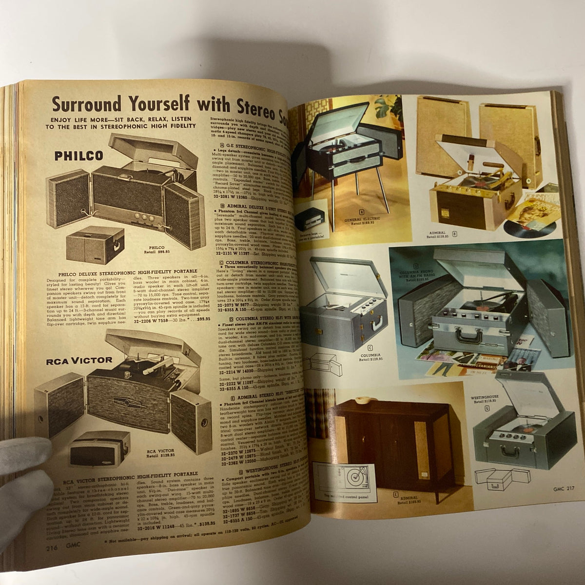1961 General Merchandise Company Spring and Summer Catalog page showcasing various stereo players, including models from Philco and RCA Victor, illustrating vintage audio equipment from the early 1960s.