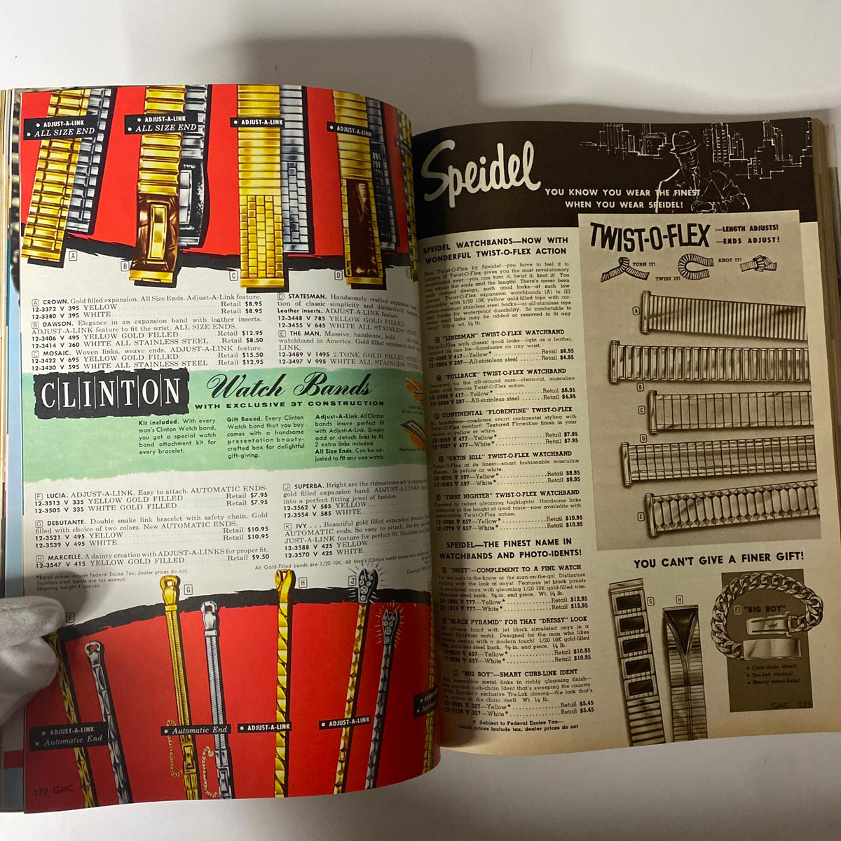1961 General Merchandise Company Spring and Summer Catalog page displaying a variety of watch bands, including Speidel and Clinton brands, featuring colorful designs and pricing details from the early 1960s.