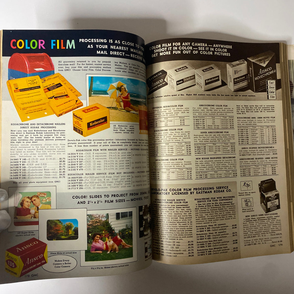 1961 General Merchandise Company Spring and Summer Catalog page featuring color film products and processing services, showcasing items like Kodak and Ansco film for photography enthusiasts in the early 1960s.