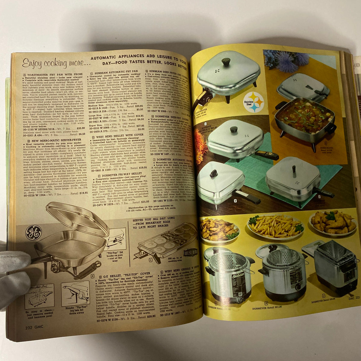 1961 General Merchandise Company Spring and Summer Catalog page presenting kitchen appliances, highlighting products like the Sunbeam automatic fry pan and Domestics automatic cooking devices from the early 1960s.
