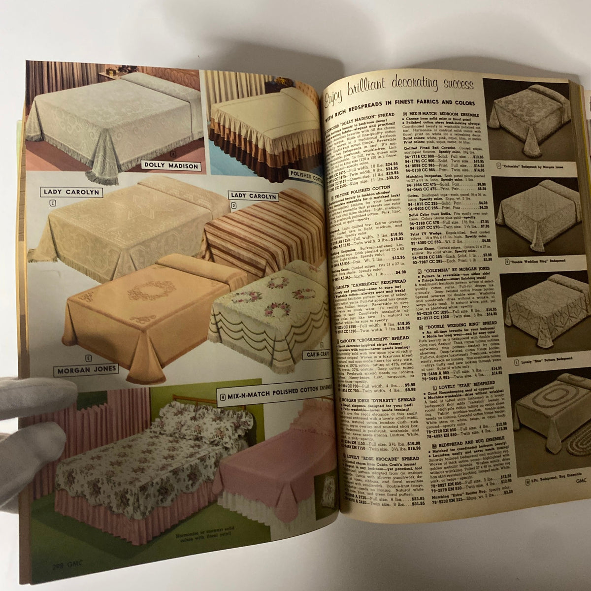 1961 General Merchandise Company Spring and Summer Catalog showcasing various bedding options, including bedspreads and tablecloths with detailed descriptions and pricing.