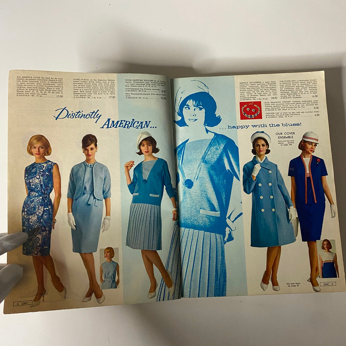 1963 General Merchandise Company Spring and Summer Catalog page showcasing fashionable women's clothing in various shades of blue, highlighting styles and prices.